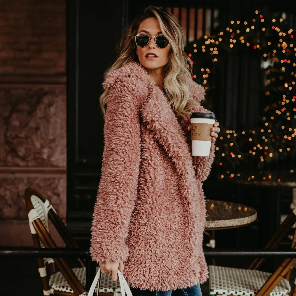 Loshaka Women Winter Jacket Coat Faux Fur Bomber Jacket Teddy Coat Trench Wool Coat Pink Overcoat Long Sleeve Hooded Outwear
