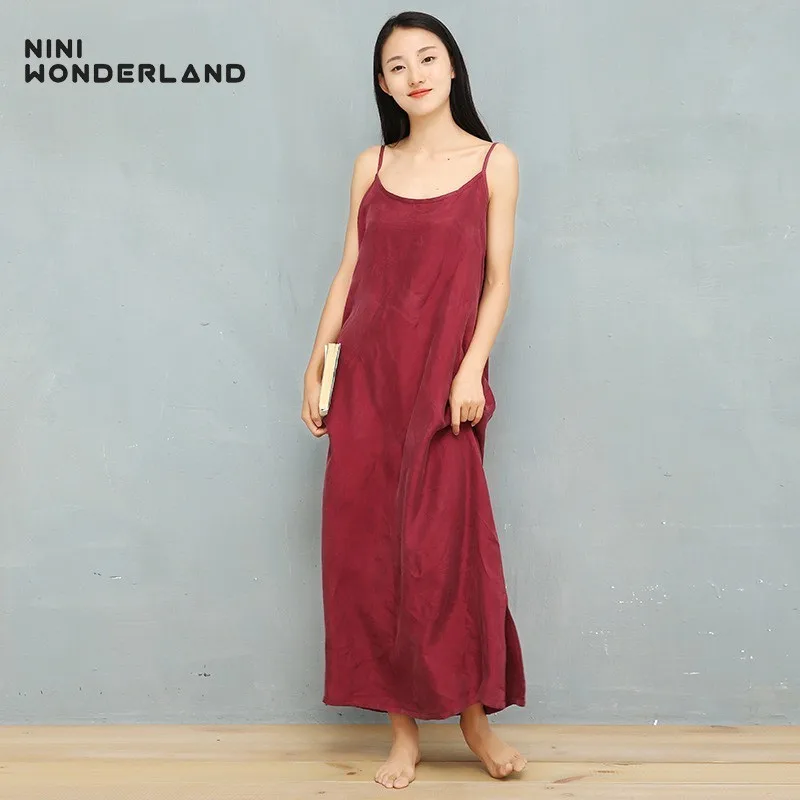 

NINI WONDERLAND 2019 Summer Slip Dress Female Cupro And Silk Sleeveless Sling Dress Women Solid Color Loose Dresses Classic