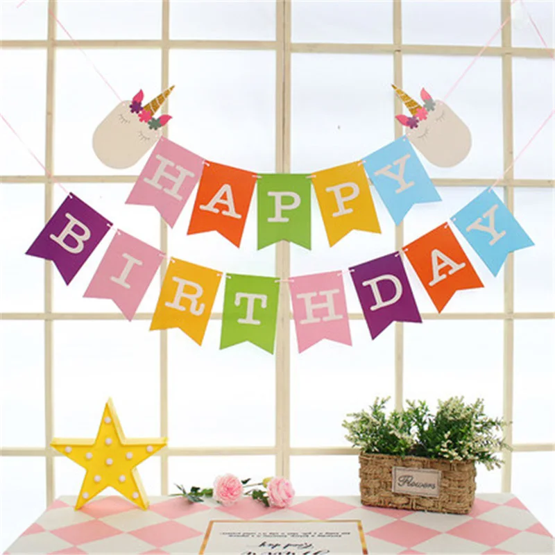 

Cute Unicorn Garland Happy Birthday Colorful Flags for Baby Kids Birthday Party Hang Decorations Party DIY Decor Supplies