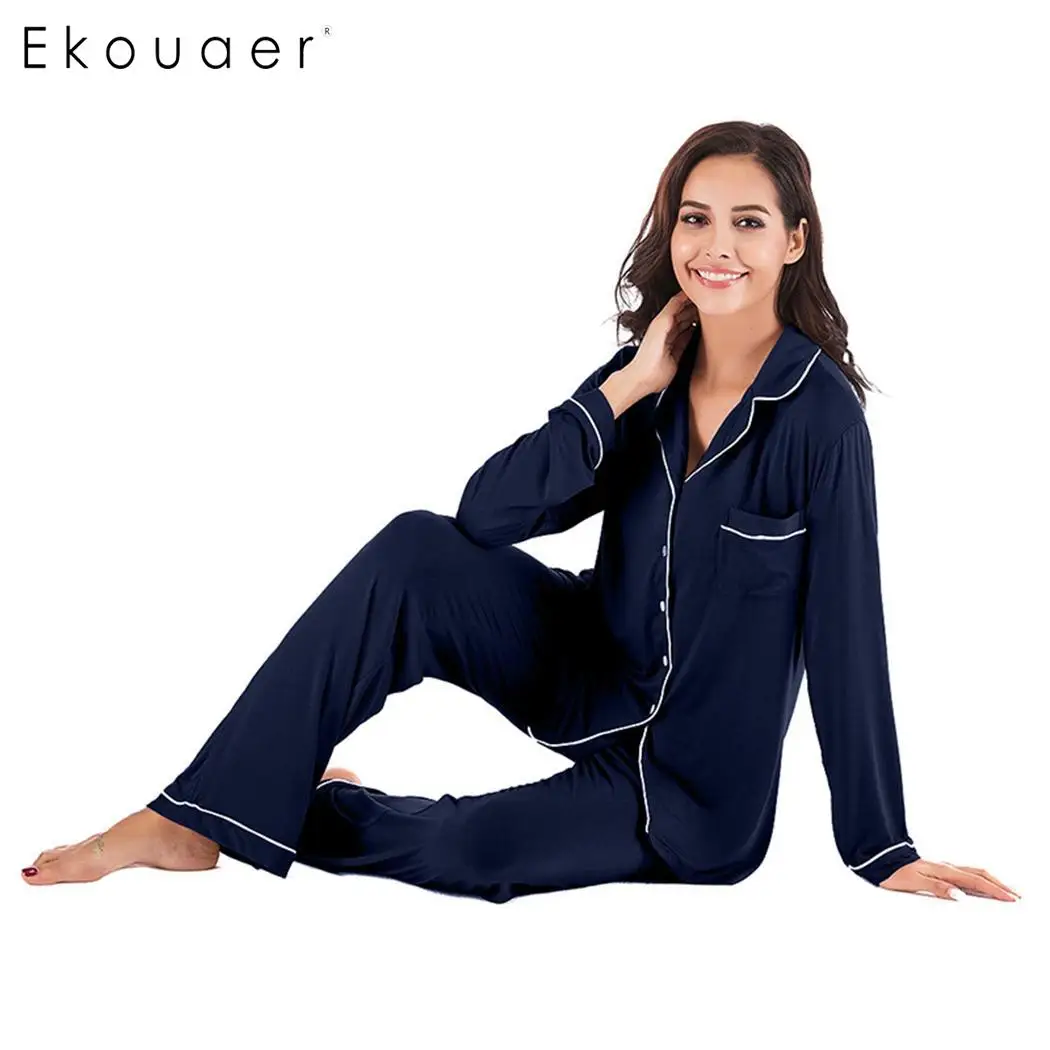 Ekouaer, женские пижамные комплекты, одежда для сна, одноцветная, на пуговицах, одежда для сна, рубашки с длинным рукавом, длинные штаны, 2 шт, пижамный комплект, весна-осень