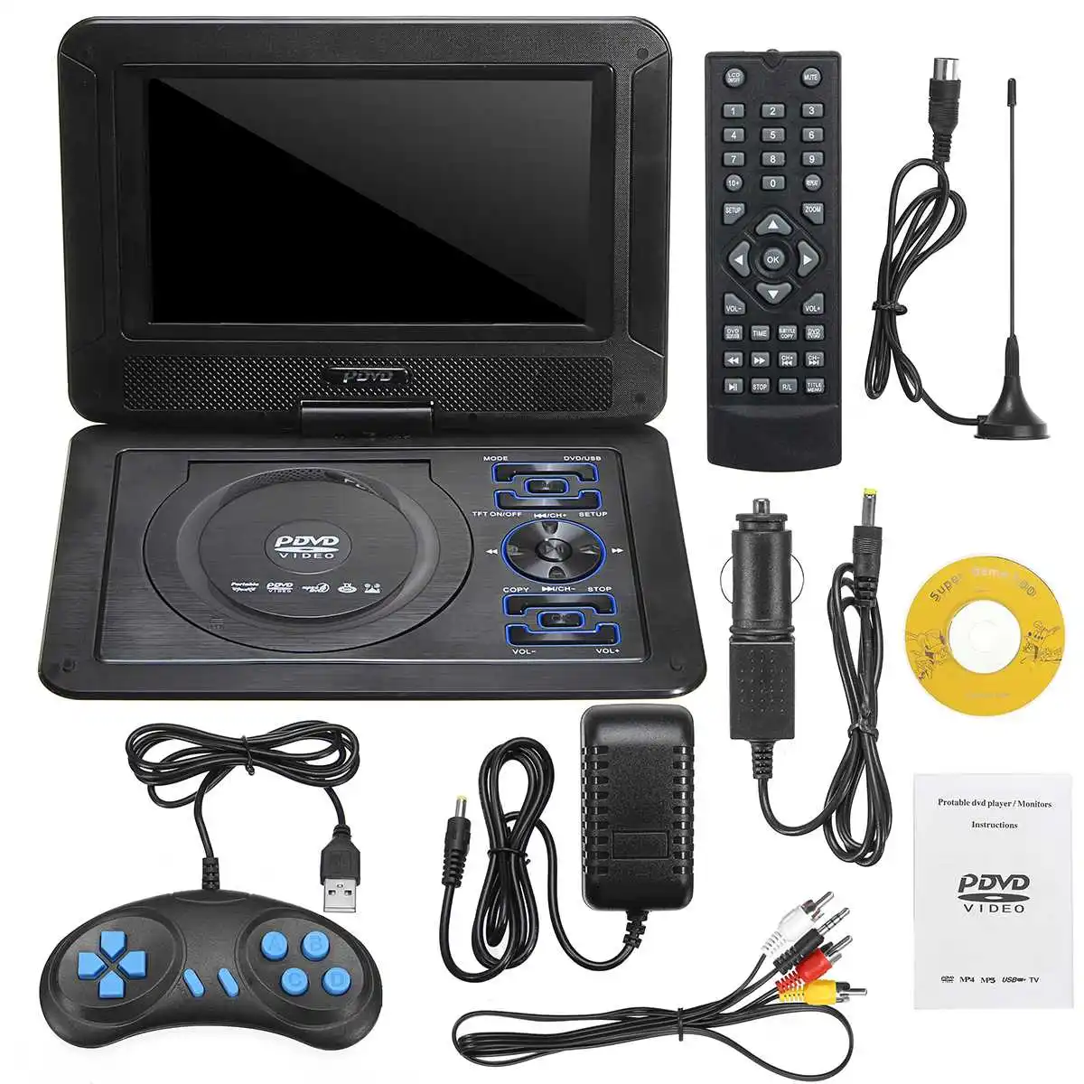 

9.8'' Portable Car Home DVD CD Player Screen W/Game Remote Control 300 Games with Joysticks 3-in-1 Card reader TV Input
