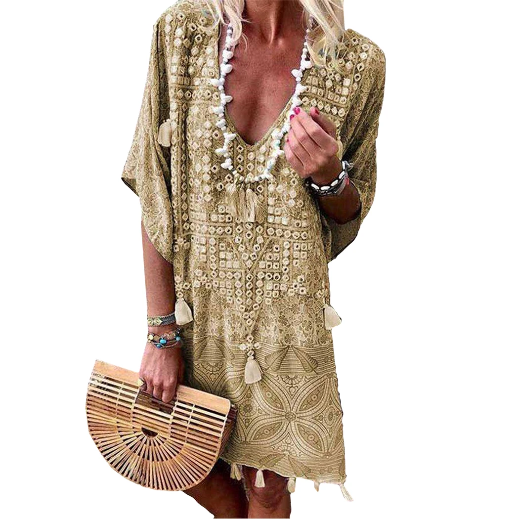 Женское платье с кисточками Boho винтажное большого размера коротким рукавом и