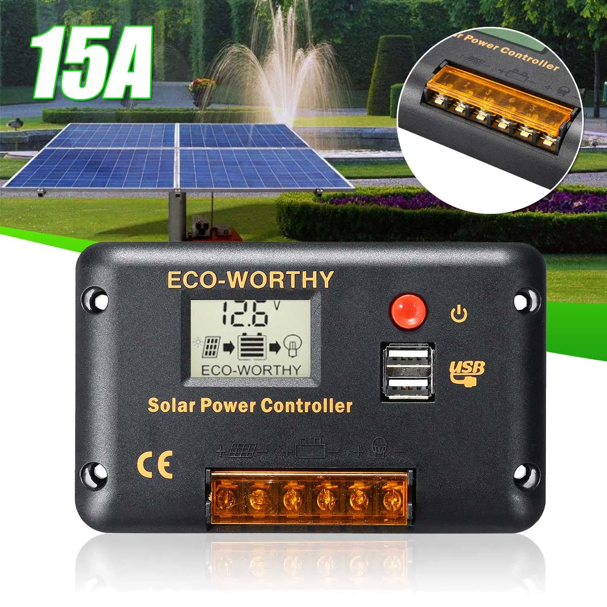 

15A 12V/24V Auto Solar Charge Controllers With LCD Dual USB 5V Output Solar Cell Panel Regulator For PWM Solar Panel Water Pump
