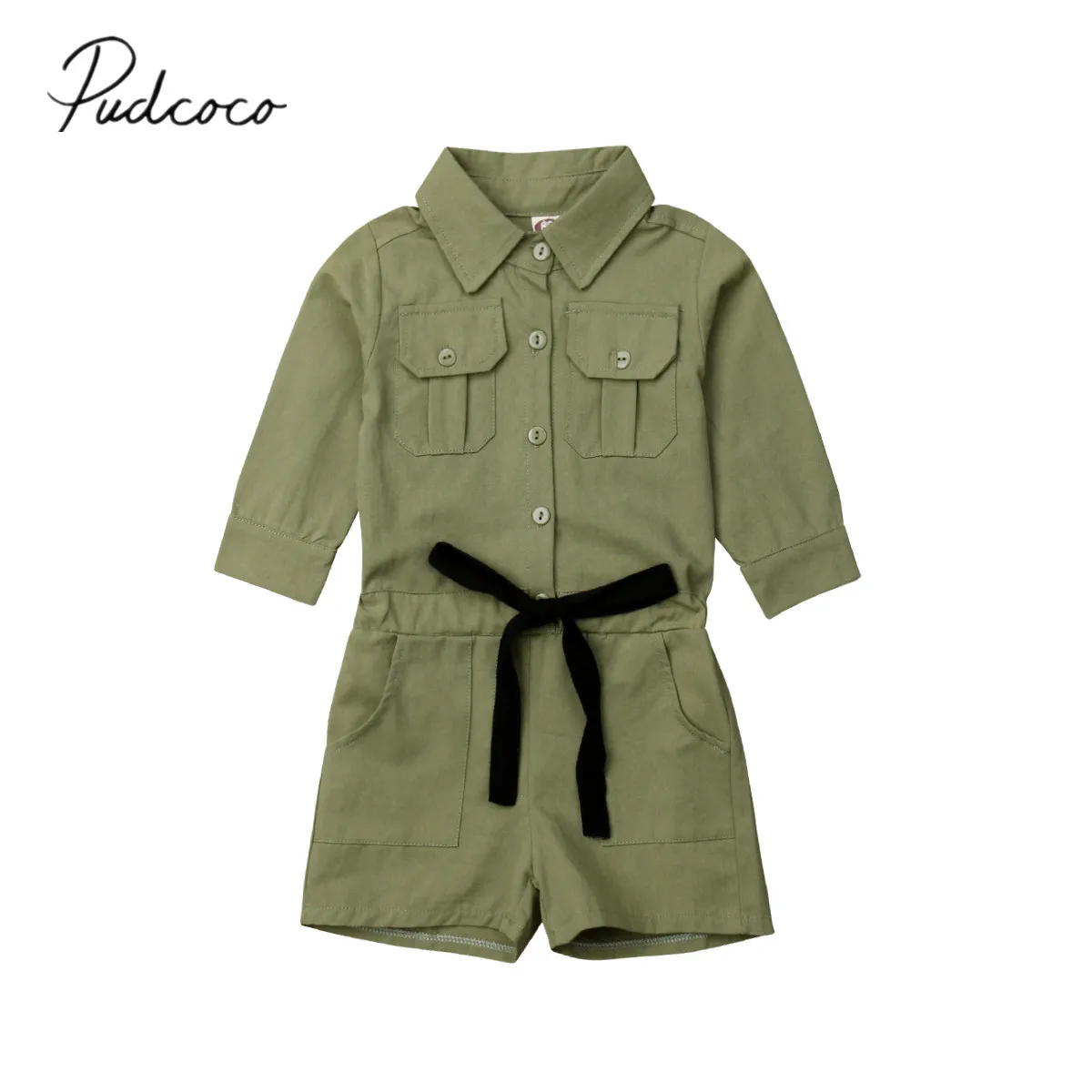 

2019 Brand New Infant Kids Baby Girls Autumn Romper Long Sleeve Clothes Single Breasted Elastic Waist Army Green Jumpsuits 2-7Y