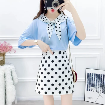 

2019 summer false set loose big board type t-shirts of tall waist dot print skirt women 2 pcs clothing set outfit girl vestidos