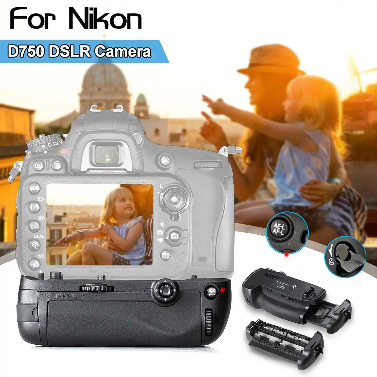 Вертикальный держатель для батарей цифровой зеркальной камеры Nikon D750 работает с