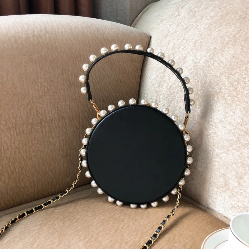 

[Super Seabob] 2019 Spring Summer Woman New Black Color Spliced Imitate Pearl Single Strap Round Shape Shoulder Bag LM252
