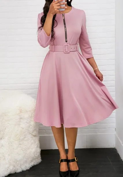 

Women Fall Half Sleeve Elegant Tunic Party Dress Female O Neck Solid Zipper Belted Pleated Casual Office Dress Vestidos mujer