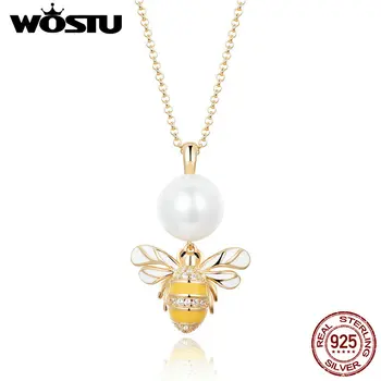 

WOSTU Hot Sale 100% 925 Sterling Silver Pearl Bee Gold Color Pendant Necklace For Women 925 Original Jewelry Fashion Gift CTN010