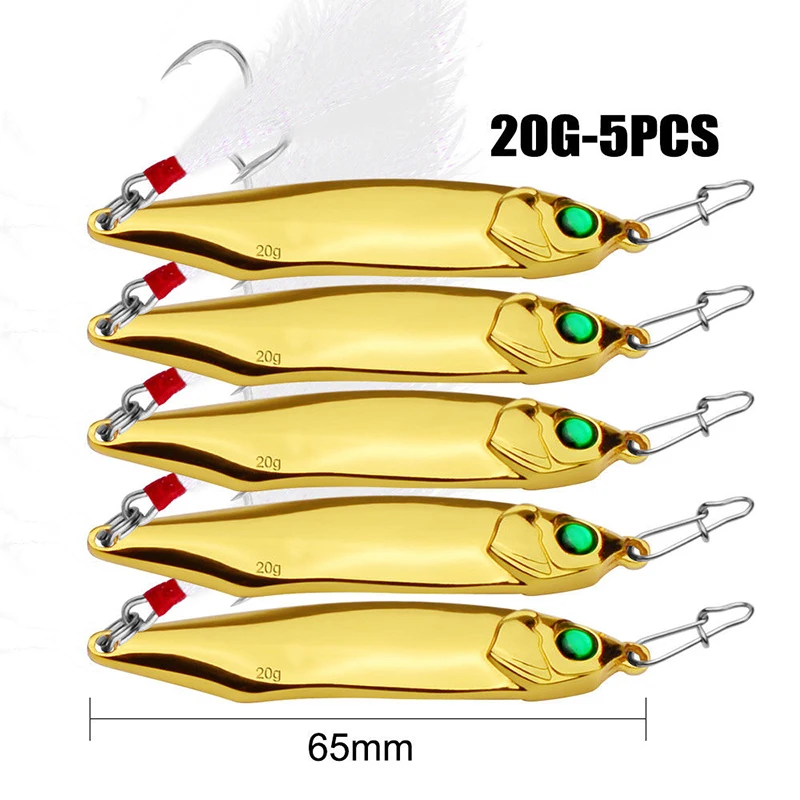 

Hard Bait 5PC Spoon Metal Fishing Lures Mixed-size Fishing Bait Feather Hook