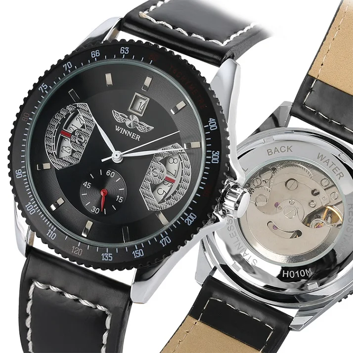 

Men Watch Mechanical Male Clock Automatic Self Wind Date Display Genuine Leather Band Men Military Style Clock Top Brand