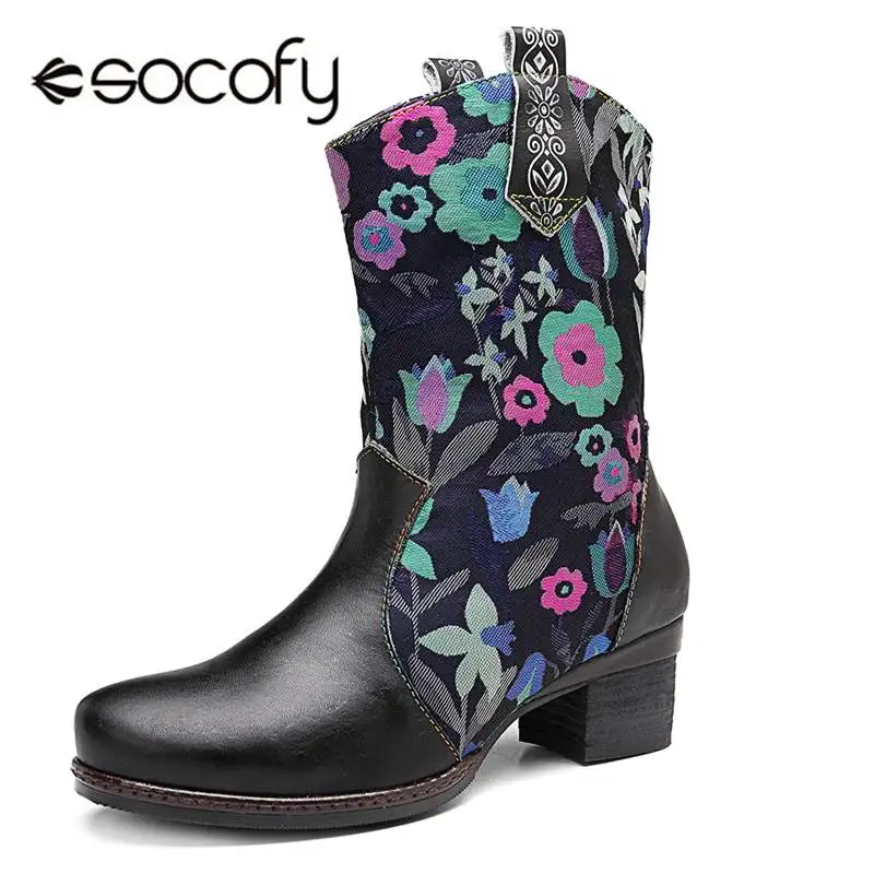 

Socofy Retro Bohemian Western Cowboys Boots For Women Shoes Woman Winter Mid-calf Boots Genuine Leather Ladies Shoes Booties New