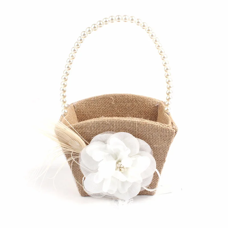 

Burlap Wedding Flower Girl Basket Rustic Ceremony Wooden Love Heart Decor