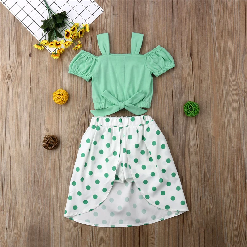 

2pcs Toddler Kids Baby Girls Outfits Shirt Tops+Shorts Skirt Dots Dress Clothes Set 1-6Y Summer