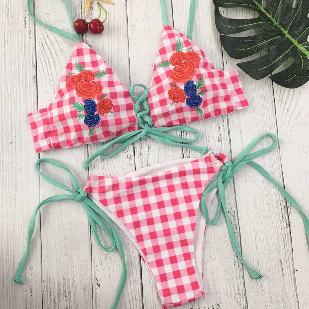 Sexy Pink Plaid Embroidery Floral Bathing Suit 2018 Women Push Up Padded Bra Bandage Bikini Set Swimsuit e Swimwear | Спорт и