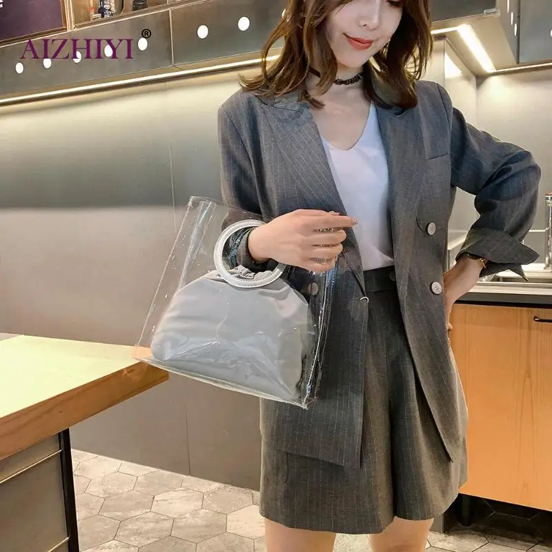

Girls Fashion Transparent PVC Women Casual Totes Nylon Drawstring Solid Color Simple Composite Bag Female Handbags