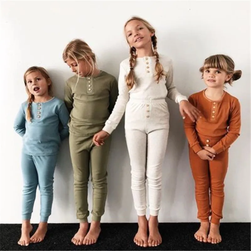 Детские однотонные комплекты одежды для сна для мальчиков и девочек пуловер с длинными рукавами Топы, длинные штаны на пуговицах комплекты из 2 предметов хлопковые повседневные пижамные комплекты От 0 до 6 лет