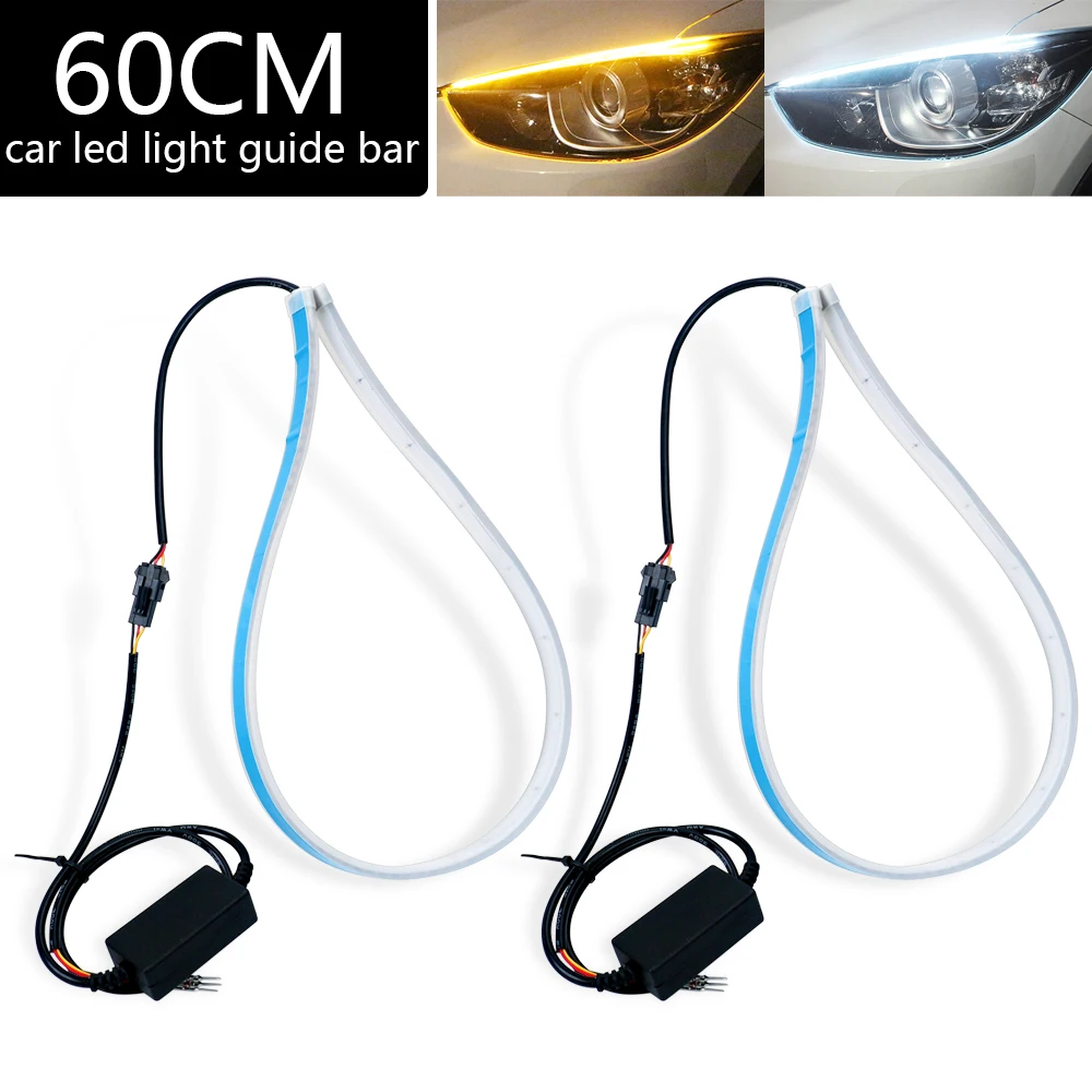 2PCS 60cm White Amber DRL Car LED Light Strip Running Turn Signal Lamp Angel Eye Headlight Strip LED Daytime Running Light 2PCS 60cm White Amber DRL Car LED Light Strip Running Turn Signal Lamp Angel Eye Headlight Strip LED Daytime Running Light