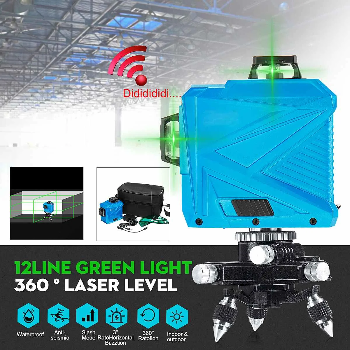 

3D 12 Line Green Light Laser Level Auto Self Leveling 360 Rotary Measure Cross Wall Mounted Bracket Tripod Base T-shaped