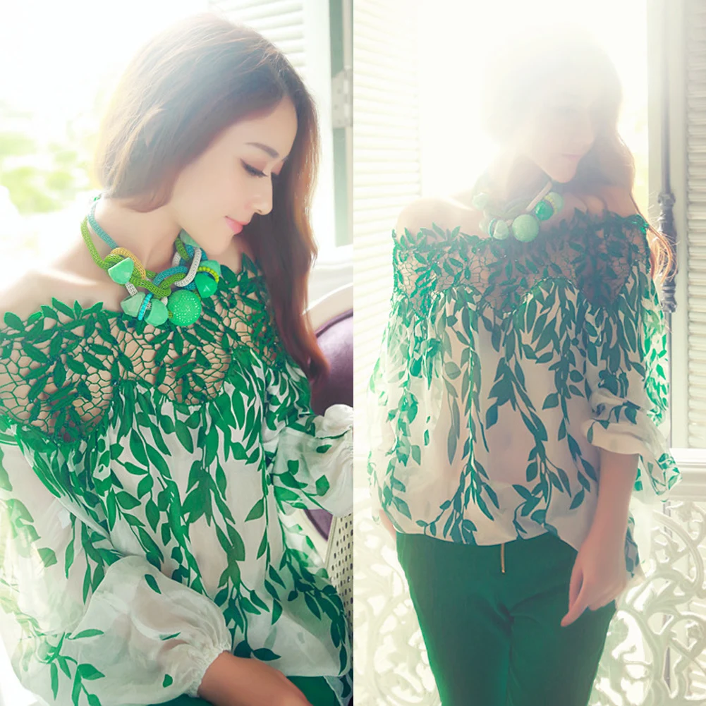 

Plus Size Leaf Print Blouse Summer Women's Long sleeve O-Neck Casual Shirt High Quality Chiffon Tops female Shirt Streetwear
