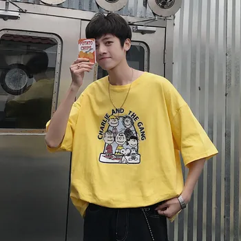 

2019 Spring And Summer New Korean Fashion Tide Male Loose Quality Cotton Harajuku Cartoon Character Large Size Casual T-shirt