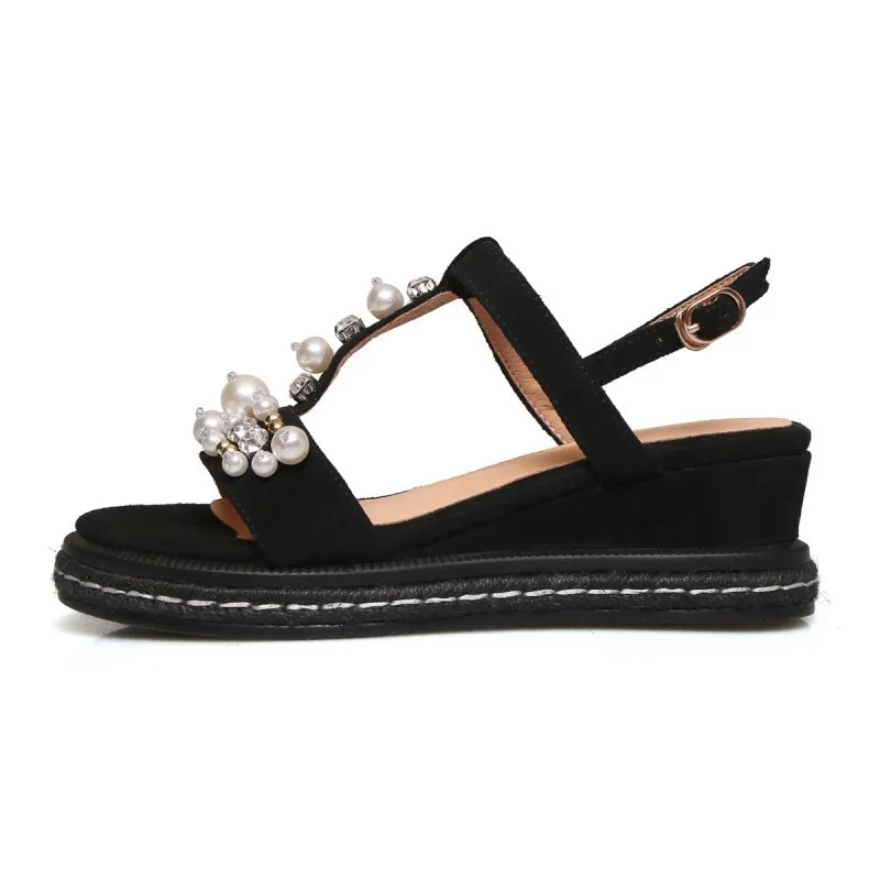 Sommer Schwarzes Boden Damen kakifarbig Neue 2019 Keil Strass Muffin Runde Snc Mode Dicken Perle Moraima Kopf Sandalen Bottom Schnalle wT1qEZax