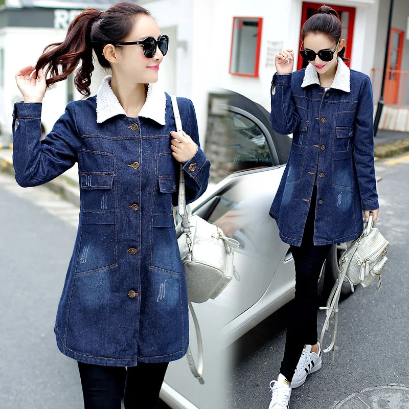 

#3328 Autumn Winter Jeans Jacket Women With Fur Warm Plus Size 4XL 5XL Slim Denim Jacket Ladies Long Thick Windbreaker Coat
