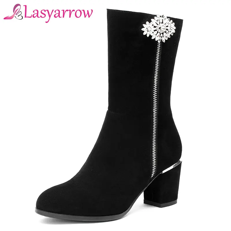 

Lasyarrow Fashion Rhinestone High Heels Round Toe Zipper Botas Mujer Sexy Crystal Mid Calf Boots Women Autumn Winter Shoes Woman