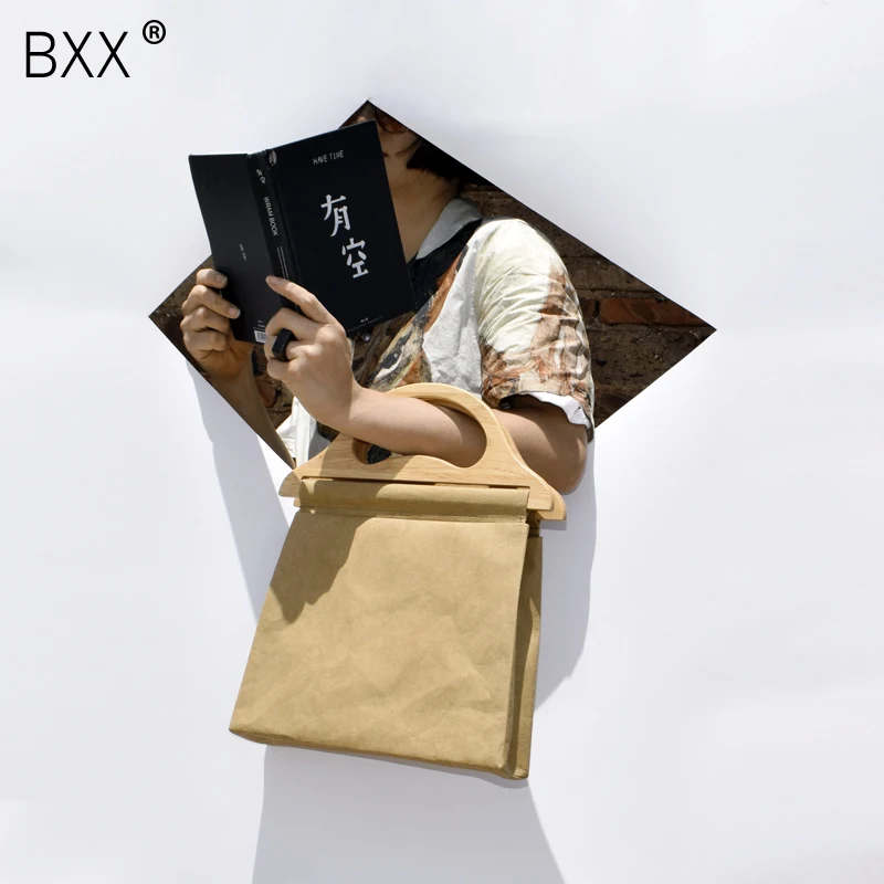 

[BXX] 2019 New Pattern Original Design Solid Color Wood Handle Waterproof Handbag Wash Kraft Paper File Bag Handbag LM888