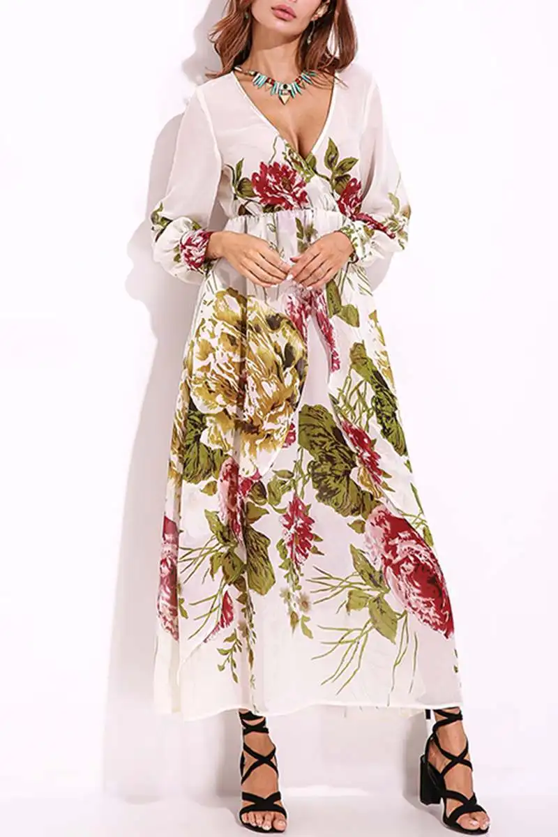 

2019 Summer Women Maxi Long Dress 5XL Plus Size Floral Print A-Line Sexy Draped V Neck Casual Long Sleeve Party Dresses Vestidos