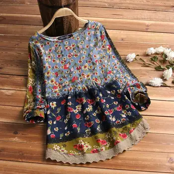 

2020 ZANZEA Women Blouse Spring Long Sleeve Vintage Floral Printed Lace Patchwork Shirt Casual Cotton Linen Top Tunic Blusa