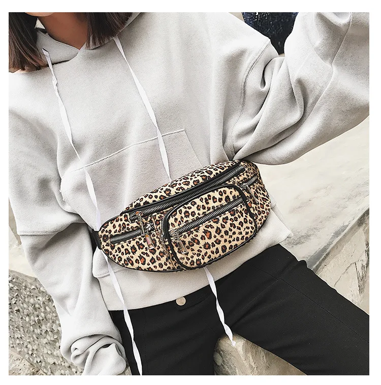 Miyahouse Casual Leopard Print Waist Bag For Young Women Faux Fur Zipper Pillow Chest Bag Female Winter Plush Portable Wallet