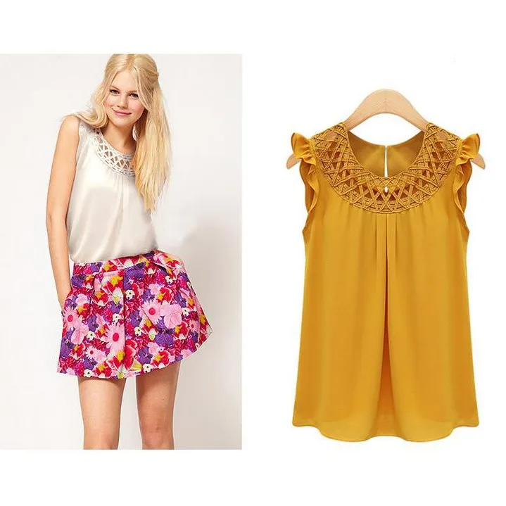 

Women Elegant Sleevelss Blouse Shirt Loose Solid O Neck Blouse Top Chiffon Hollow Out Ruffle Blouse