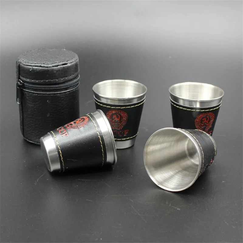 

4Pcs/Lot 70Ml Travel Cups Set Metal Cups For Wine Beer Whiskey Mugs Outdoor Camping Tableware With Black Pu Leather