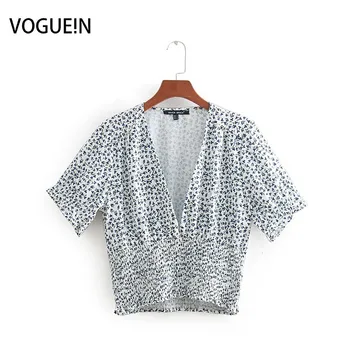 

VOGUEIN New Womens Short Sleeve Blue Floral Print V-Neck Short Blouse Shirt Tops Wholesale
