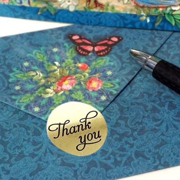 1 Inch Round Gold Foil Thank You Sticker Labels In Script/Calligraphy Print, 500 Labels Per Roll