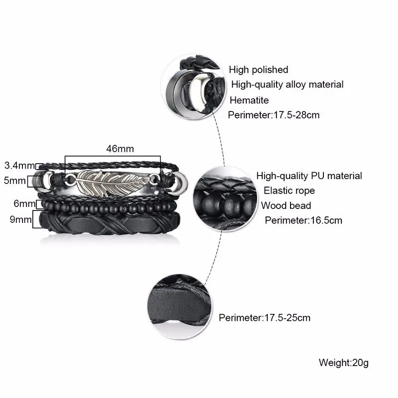 Мужской кожаный браслет с бусинами из перьев и дерева многослойный Регулируемый
