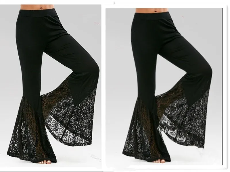 

2019 Summer Women Sexy Full Length Lace Flare Pants New Fashion Solid Color Wide Leg Split Pants