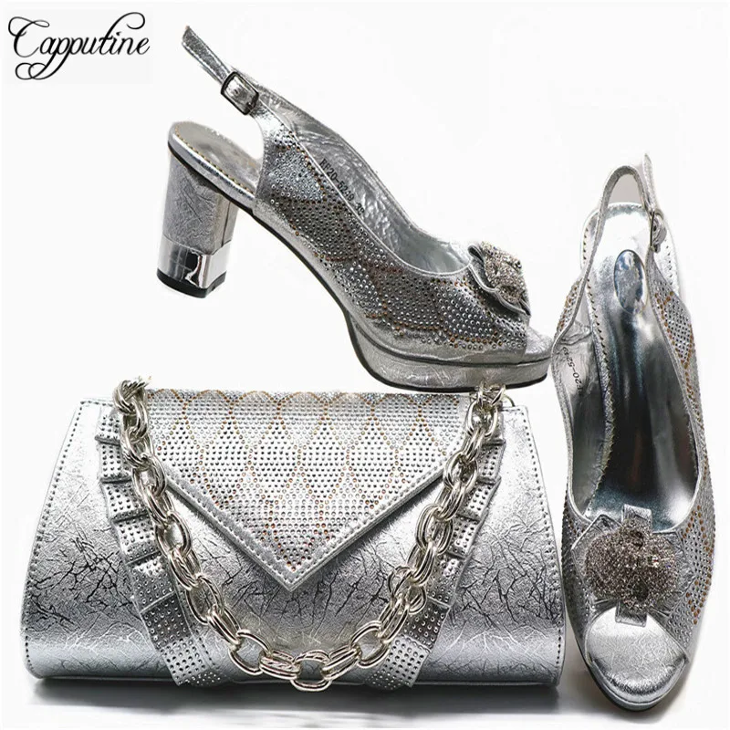 

Africa Summer Style Silver Woman Shoes And Bag Set Fashion PU With Rhinestone High Heel Shoes And Bag Set For Evening Party G70