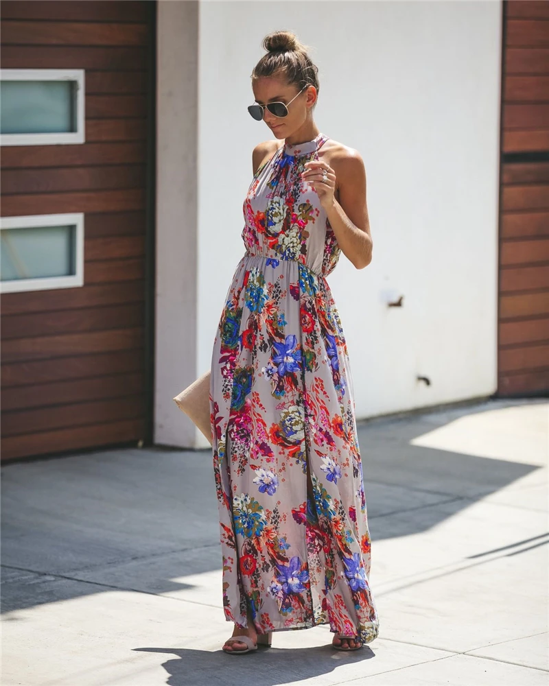 Boho для женщин платье с цветочным рисунком без рукавов Летний отдых пляж дамы