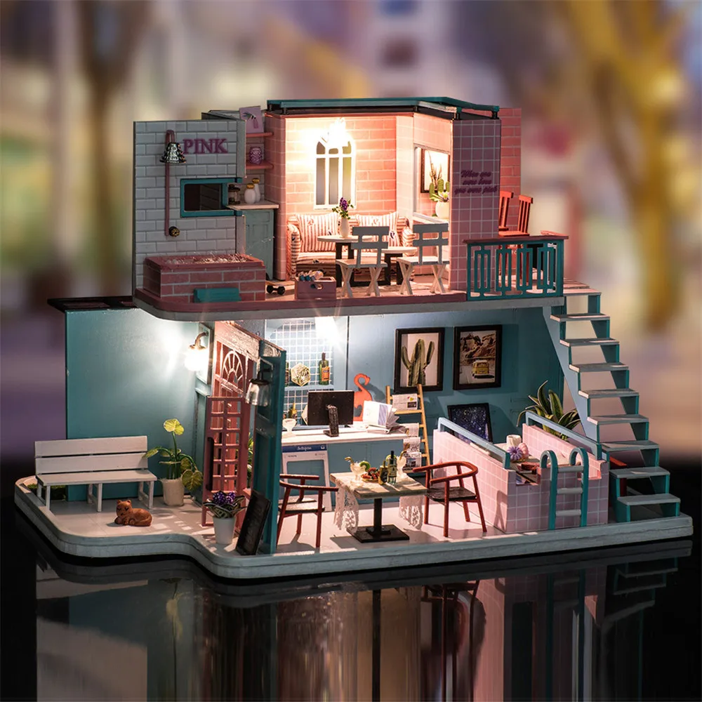 

Assemble K-034 Pink Cafe House With Furniture Light Dust Cover Music Motor Children DIY Doll House Toys Friends Gift Dollhouse