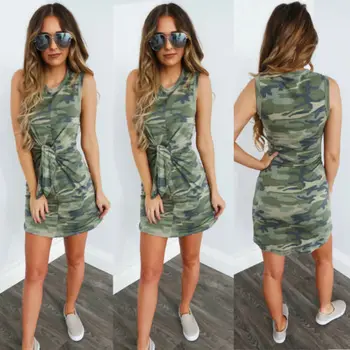 

Womens Summer Camo Sleeveless Party Tunic Tank Casual Beach Mini Dress Long Tops