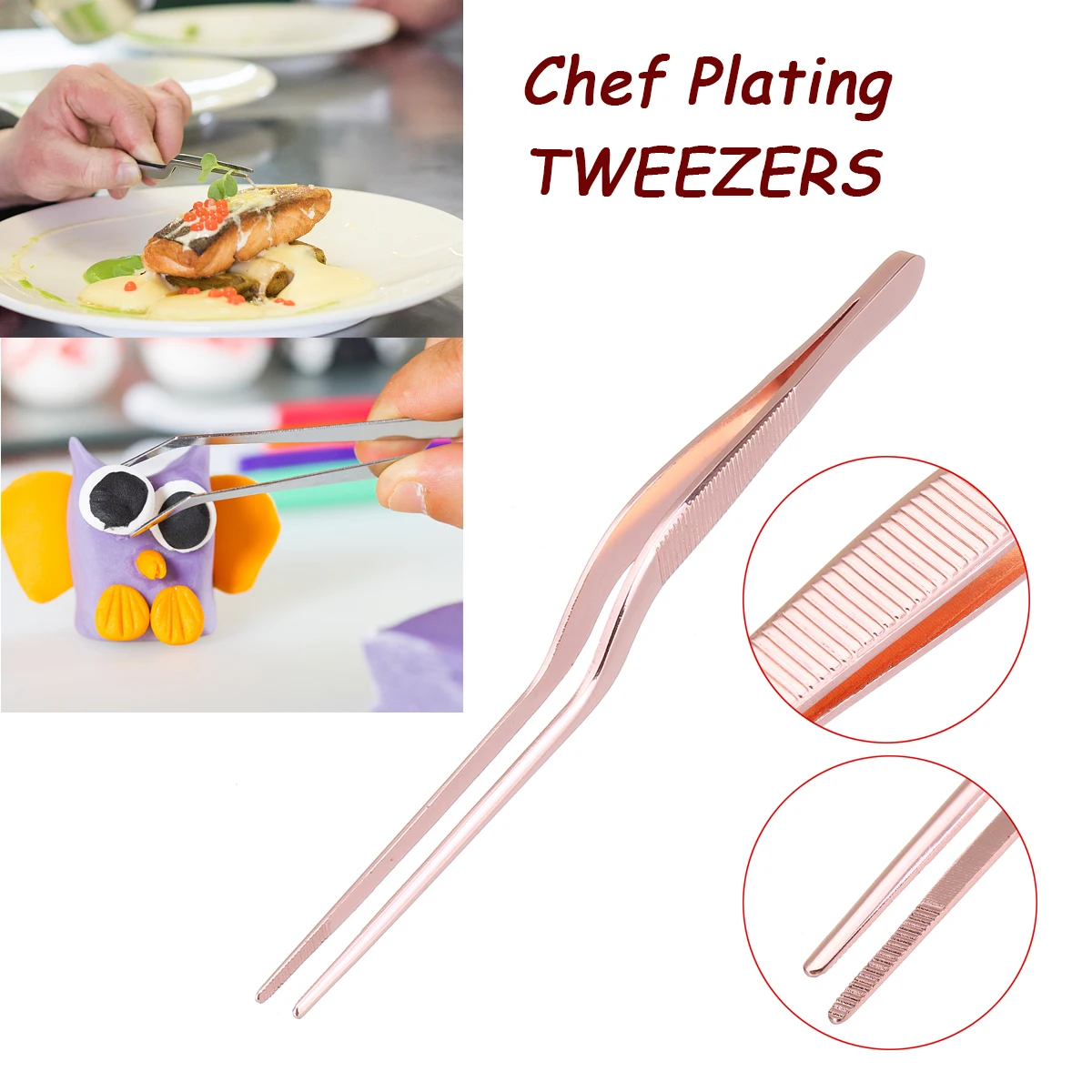 

13.9cm/5.47inch Professional Chef Plating Tweezer Tongs Serving Presentation Stainless Steel Offset Kitchen Tool Rose Gold