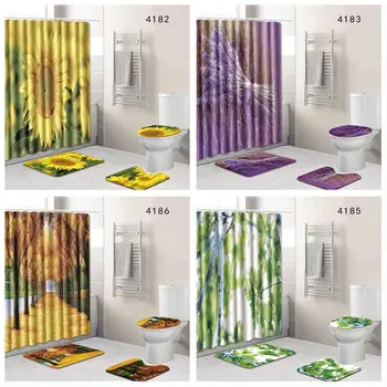 

4Pcs/Set Plant Scenery Pattern Shower Curtain Mat Rug Toilet Lid Cover Set