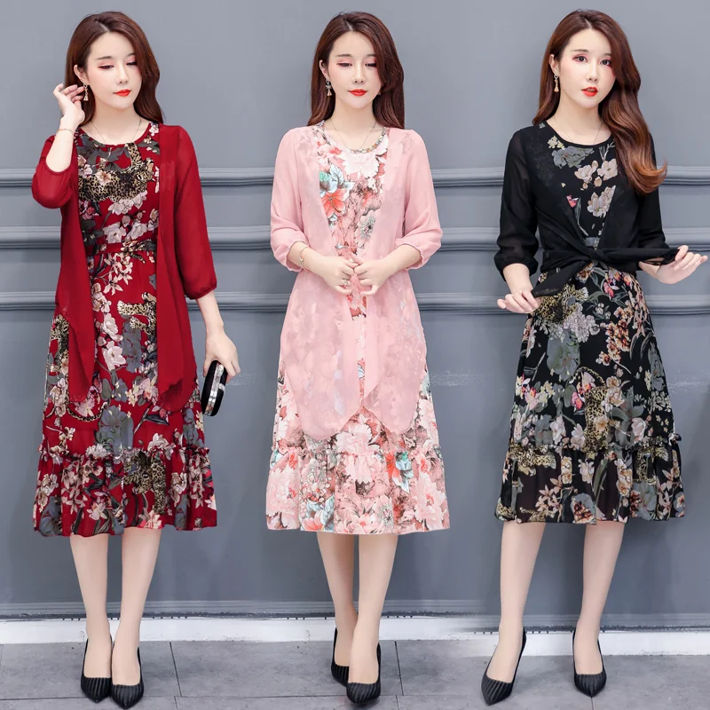 

Large Size Summer Dress Women Floral Print Long Chiffon Dresses Two-Piece Set Womens Dresses Plus Size Vestidos