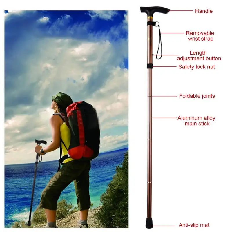 De aleación de aluminio plegable de cuatro-Sección plegable telescópica Trekking alpinismo caña no antideslizantes ancianos ajustable muleta De aleación de aluminio plegable de cuatro-Sección plegable telescópica Trekking alpinismo caña no antideslizantes ancianos ajustable muleta