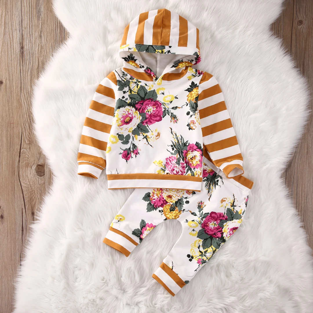 

Toddler Kids Baby Girls Clothes Striped Hooded Tops Floral Pants Outfits Set Clothes 2PCS
