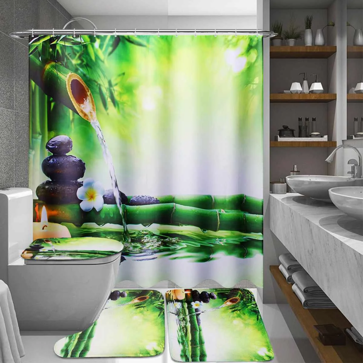 Günstige 1 PCS Bambus Wasserdichte Badezimmer Dusche Vorhang Und 3 PCS Wc Abdeckung Matte Non Slip Teppich Set