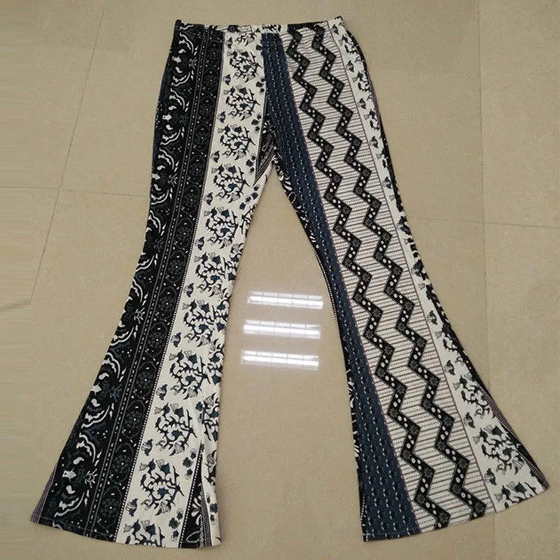 Женские Boho печати расклешенные мотобрюки хиппи с высокой талией с принтом широкие брюки длинные расклешенные брюки-клеш мягкий полиэстер леди брюки для девочек