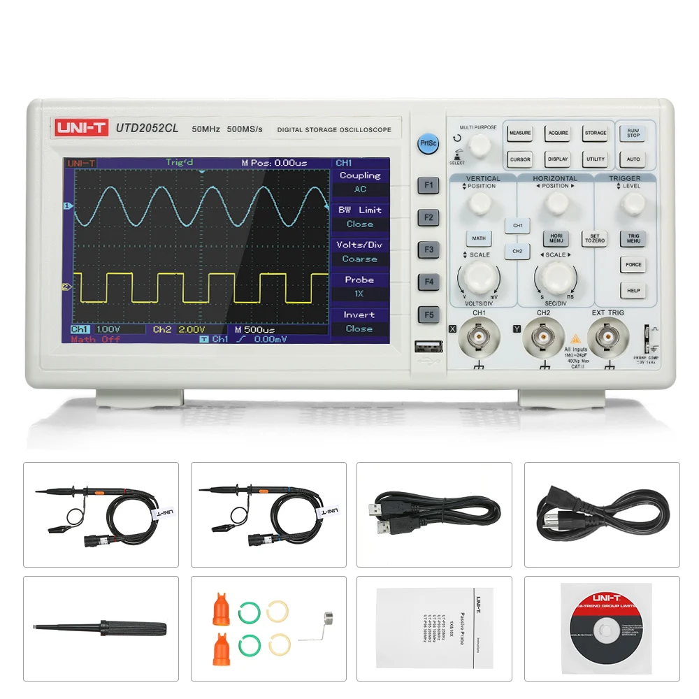 

UNI-T UTD2052CL Oscilloscope Oscillometer Digital Storage Oscilloscope 2CH 50MHz 500MS/s 7" TFT Display